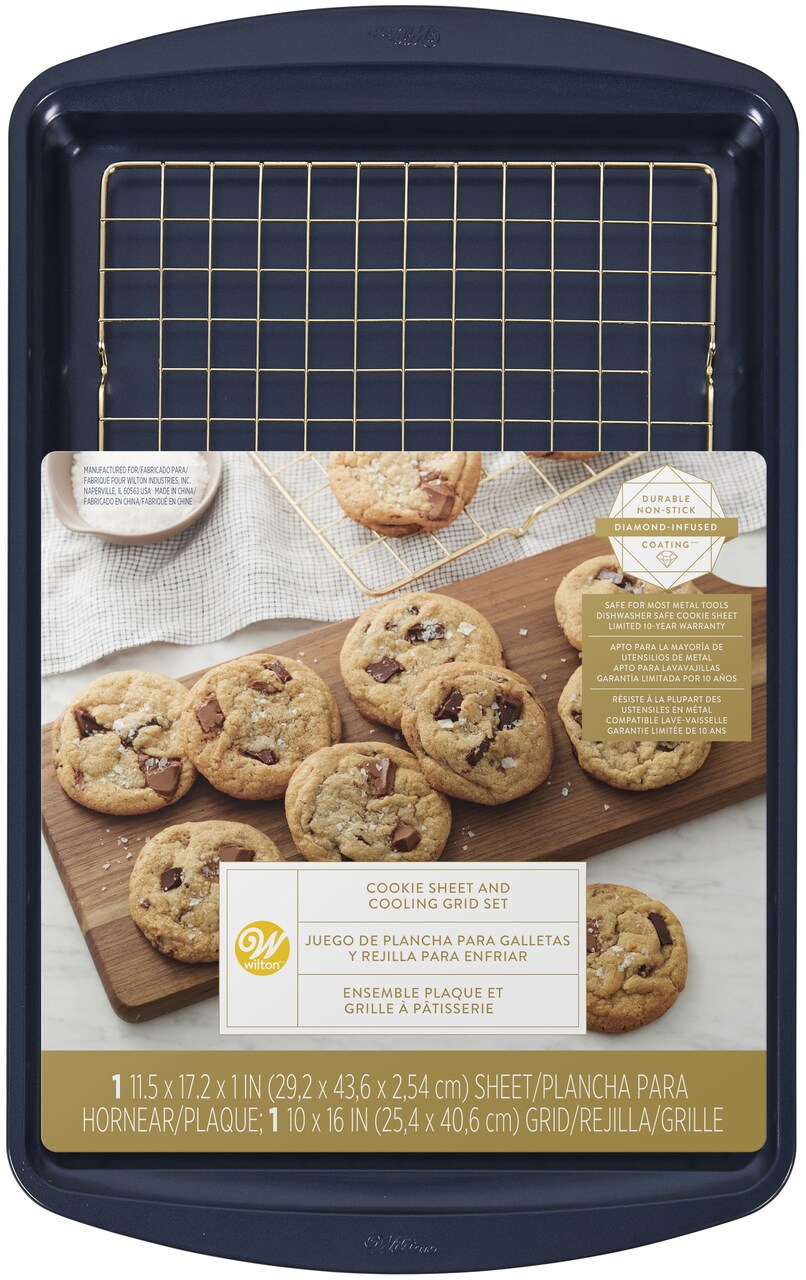 Diamond-Infused Non-Stick Cookie Sheet W/Cooling Grid Set-Large Navy Blue  With Gold Cooling Grid